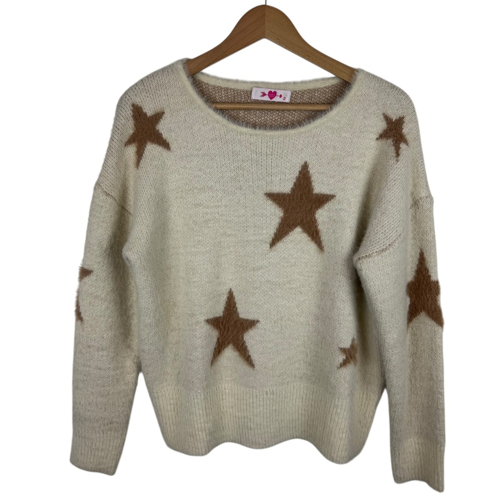 Buddy Love Womens Star Print Eyelash‎ Knit Sweater Sz Small Pullover Fuzzy Comfy
